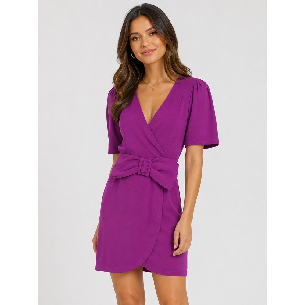Forever 21 Women Magenta Wrap Front Mini Dress with Bow Belt Buckle Detail L